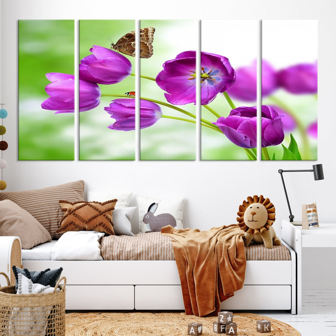 Purple Tulips Butterfly Floral Canvas Wall Art Giclee Print