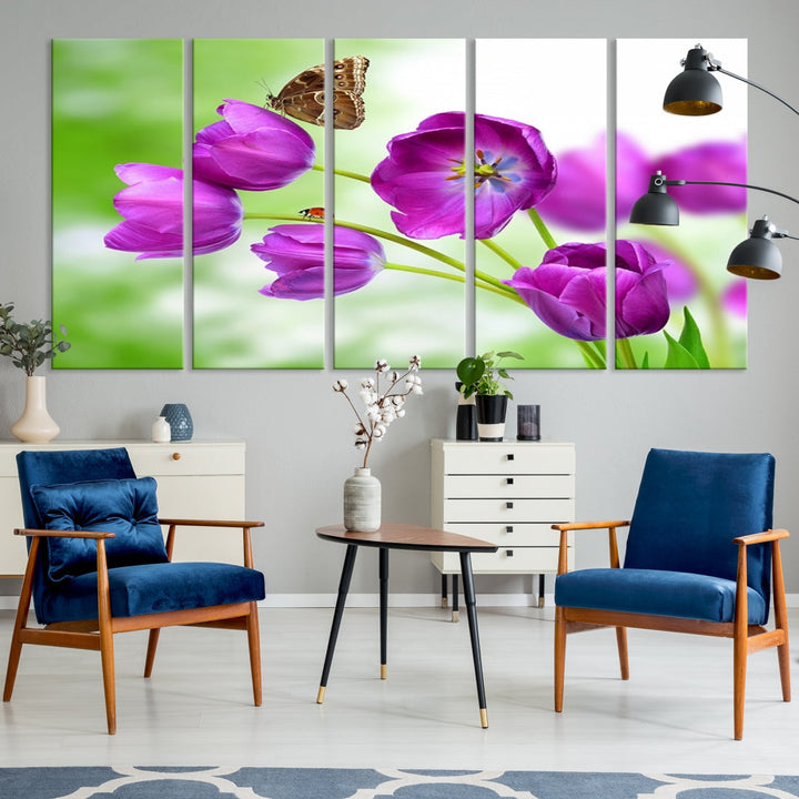 Purple Tulips Butterfly Floral Canvas Wall Art Giclee Print