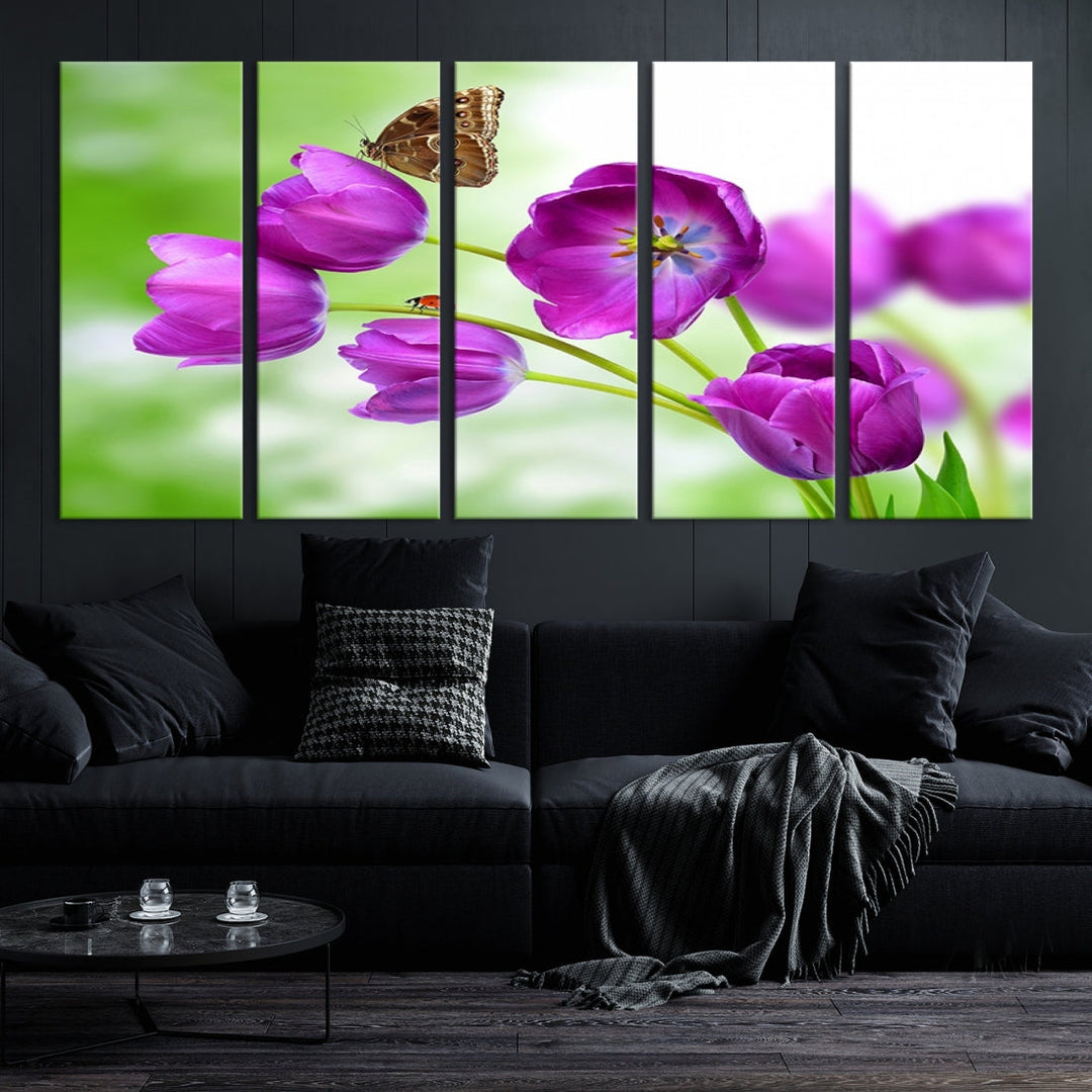 Purple Tulips Butterfly Floral Canvas Wall Art Giclee Print