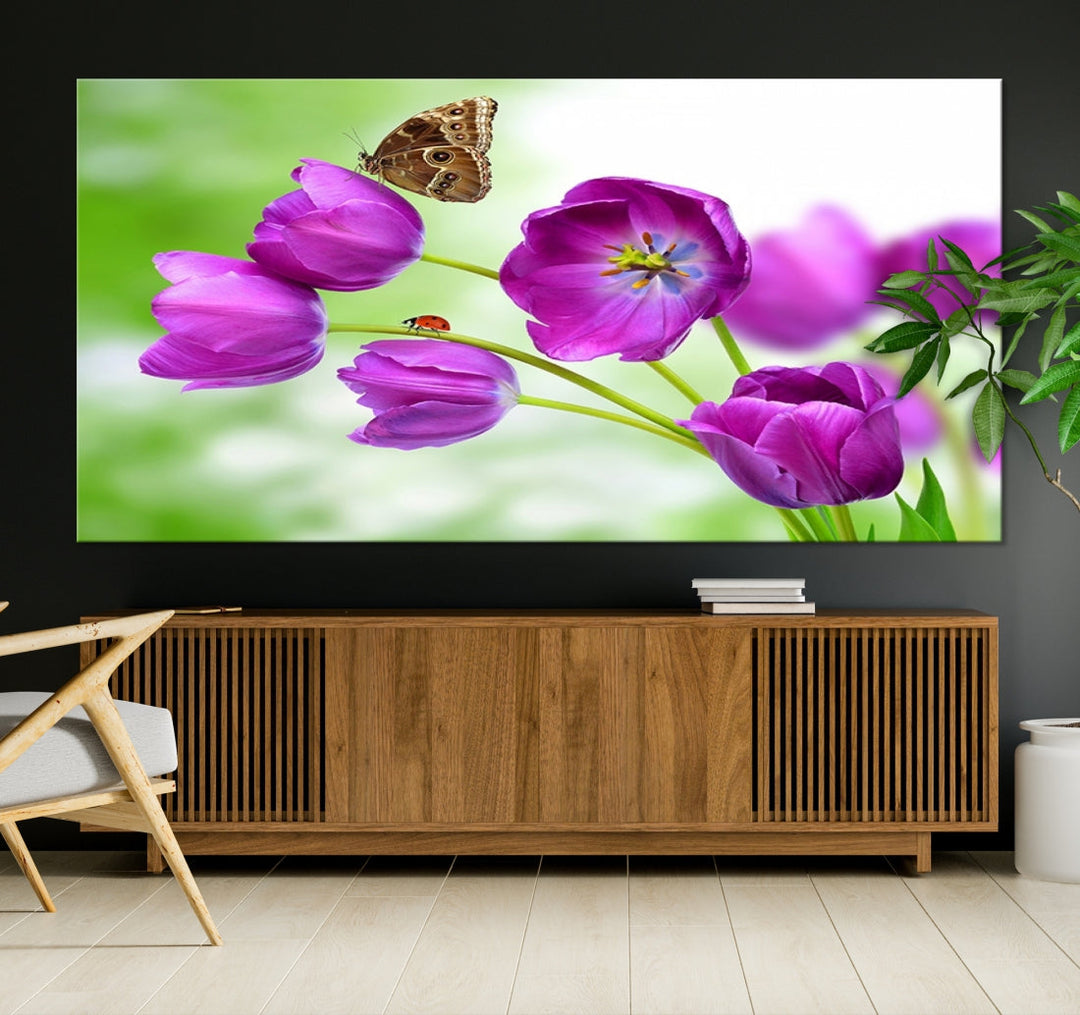 Purple Tulips Butterfly Floral Canvas Wall Art Giclee Print