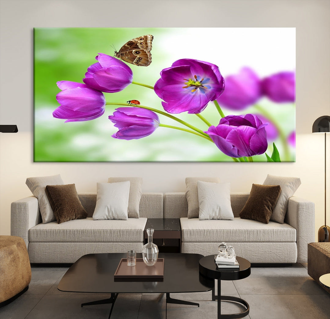 Purple Tulips Butterfly Floral Canvas Wall Art Giclee Print