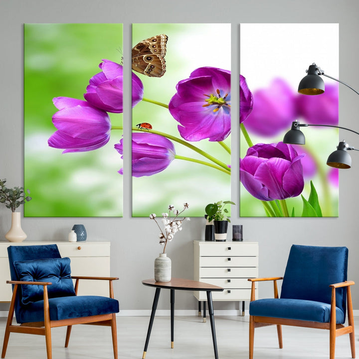 Purple Tulips Butterfly Floral Canvas Wall Art Giclee Print