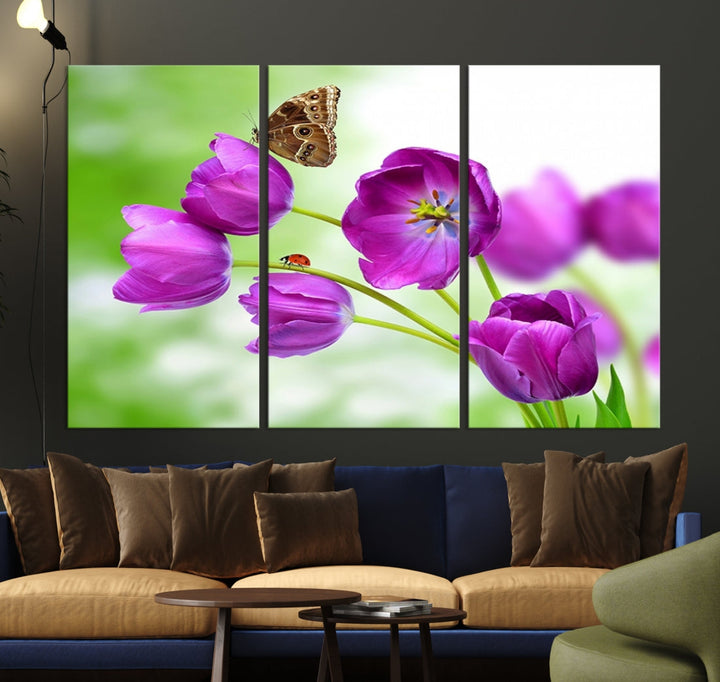 Purple Tulips Butterfly Floral Canvas Wall Art Giclee Print