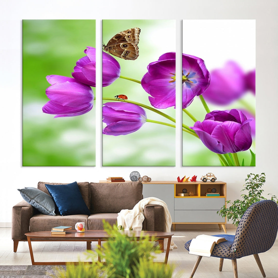 Purple Tulips Butterfly Floral Canvas Wall Art Giclee Print