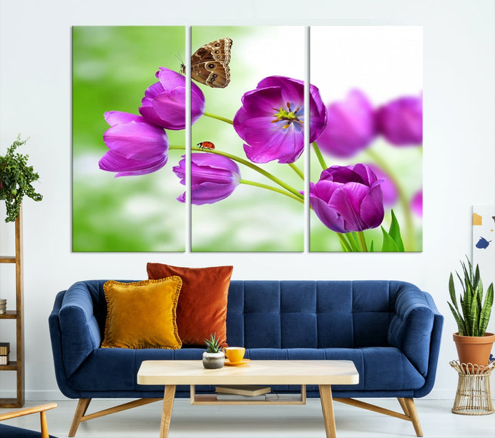 Purple Tulips Butterfly Floral Canvas Wall Art Giclee Print