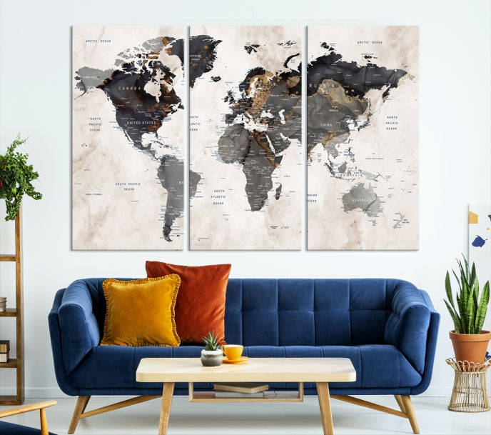 Push Pin Custom World Map Large Watercolor Wall Art Canvas Print