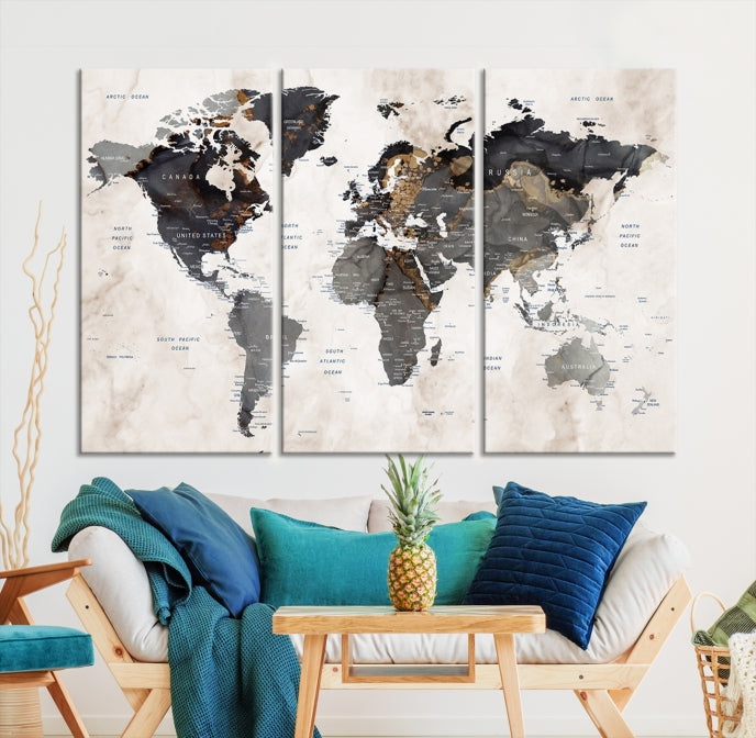 Push Pin Custom World Map Large Watercolor Wall Art Canvas Print