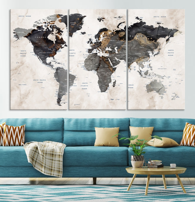 Push Pin Custom World Map Large Watercolor Wall Art Canvas Print