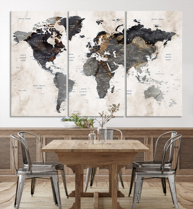 Push Pin Custom World Map Large Watercolor Wall Art Canvas Print