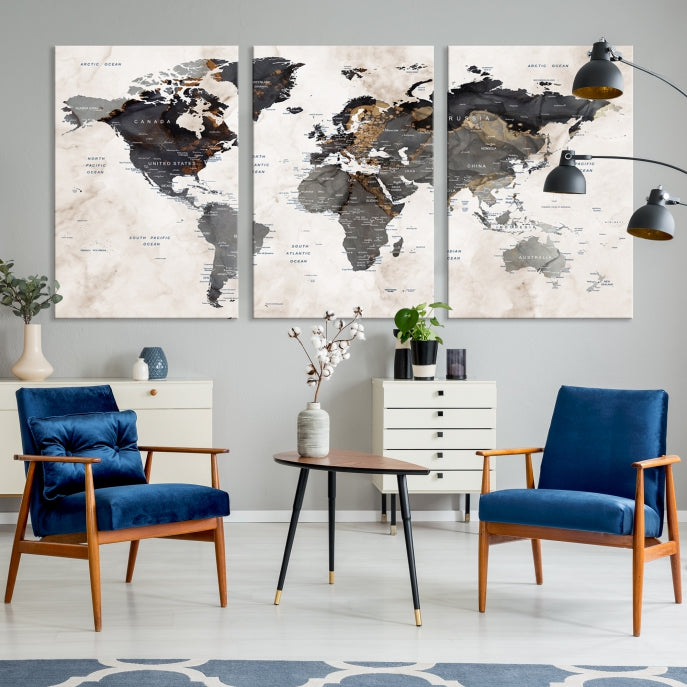 Push Pin Custom World Map Large Watercolor Wall Art Canvas Print