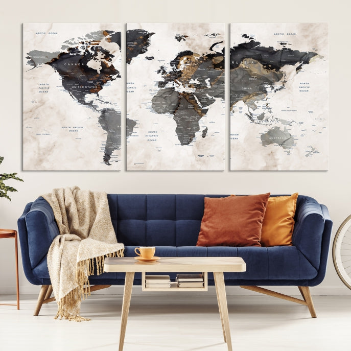 Push Pin Custom World Map Large Watercolor Wall Art Canvas Print