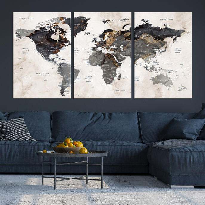 Push Pin Custom World Map Large Watercolor Wall Art Canvas Print