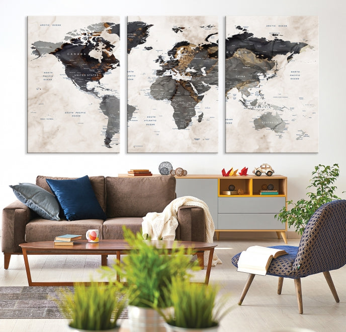 Push Pin Custom World Map Large Watercolor Wall Art Canvas Print