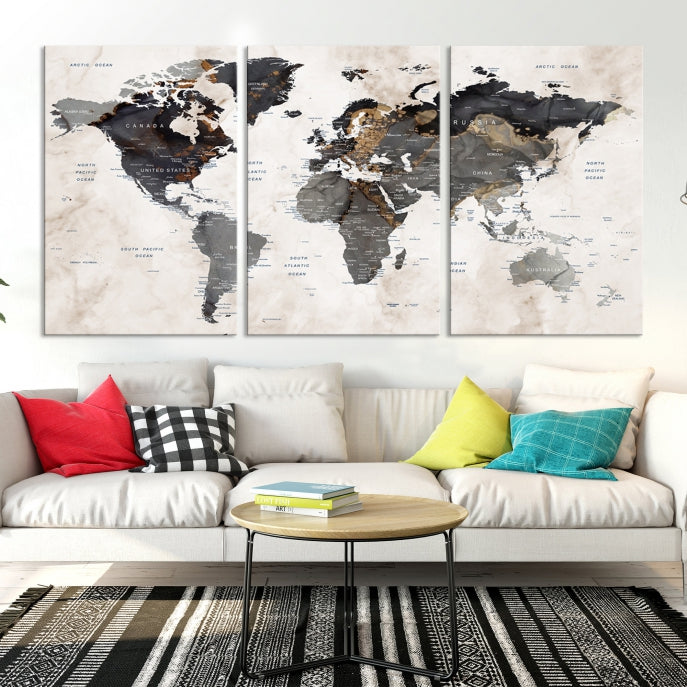 Push Pin Custom World Map Large Watercolor Wall Art Canvas Print