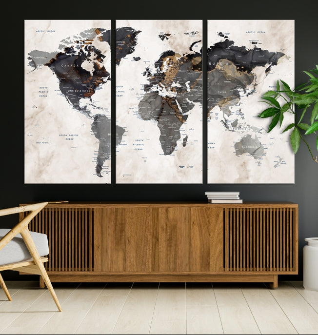 Push Pin Custom World Map Large Watercolor Wall Art Canvas Print