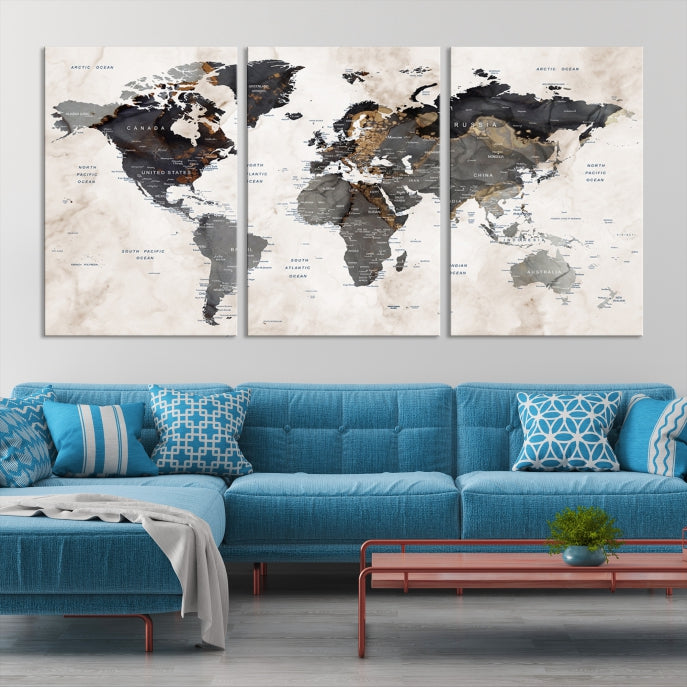 Push Pin Custom World Map Large Watercolor Wall Art Canvas Print