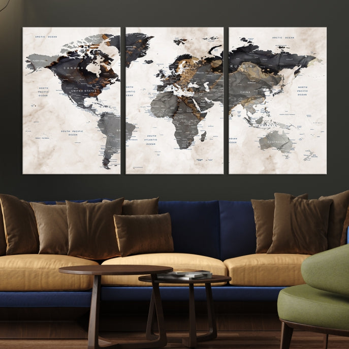 Push Pin Custom World Map Large Watercolor Wall Art Canvas Print