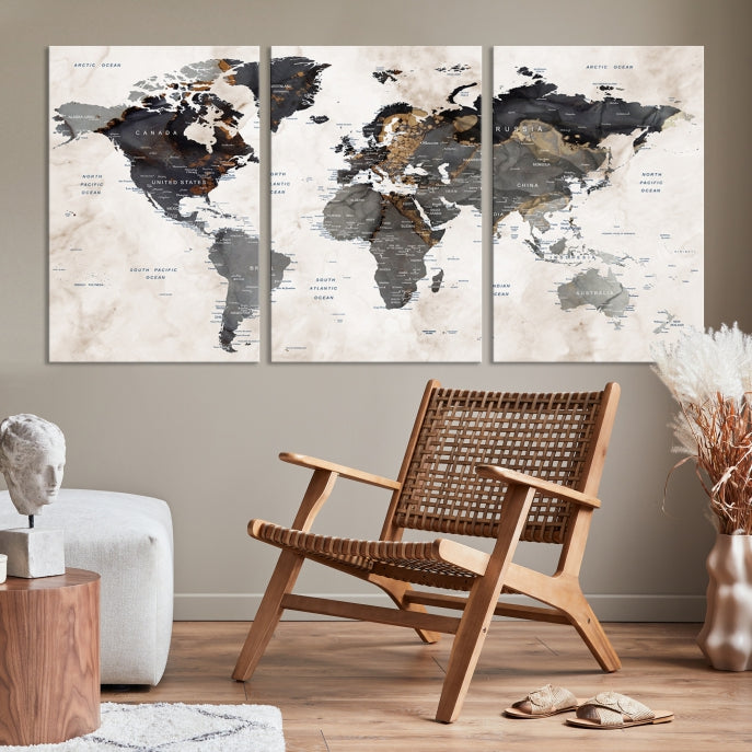 Push Pin Custom World Map Large Watercolor Wall Art Canvas Print