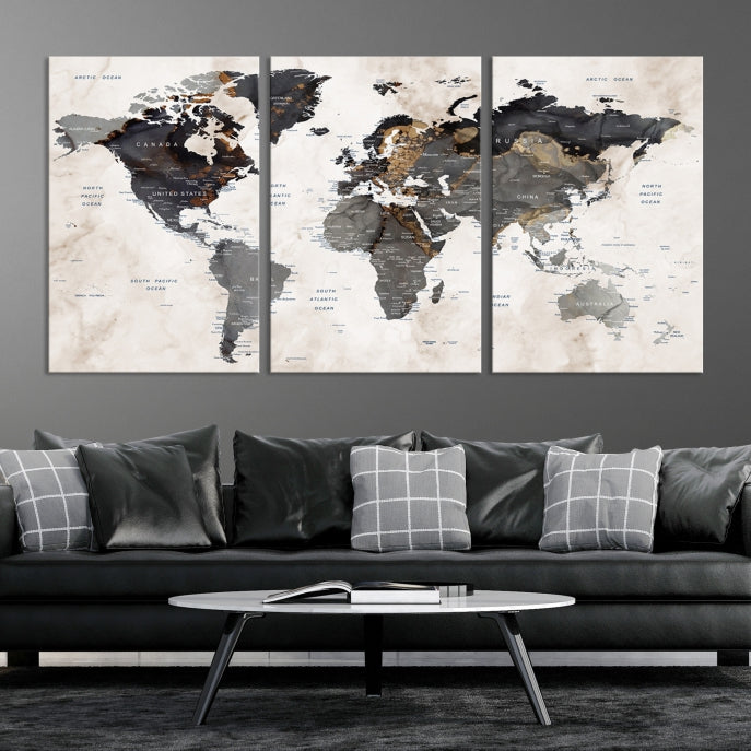 Push Pin Custom World Map Large Watercolor Wall Art Canvas Print