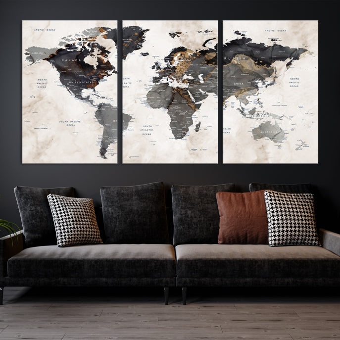 Push Pin Custom World Map Large Watercolor Wall Art Canvas Print