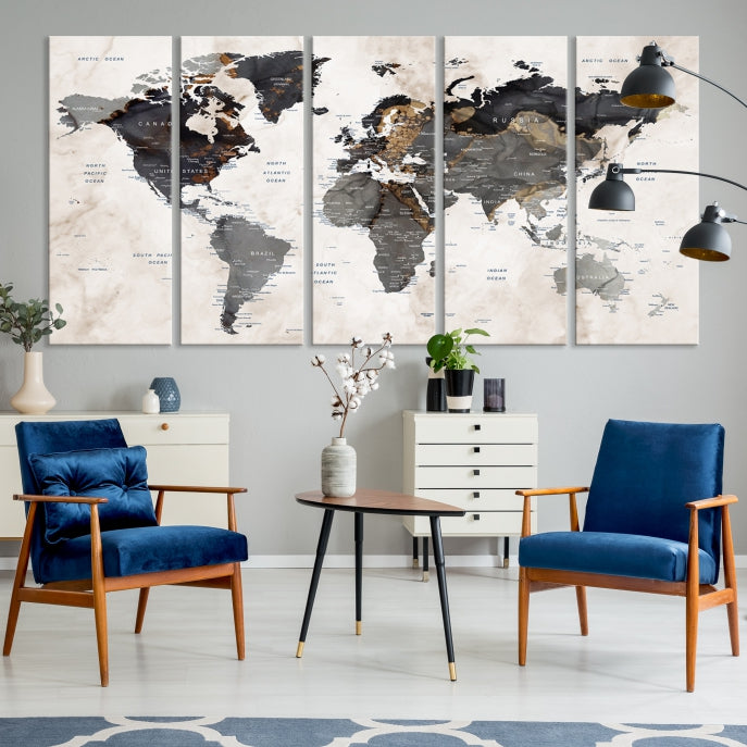 Push Pin Custom World Map Large Watercolor Wall Art Canvas Print