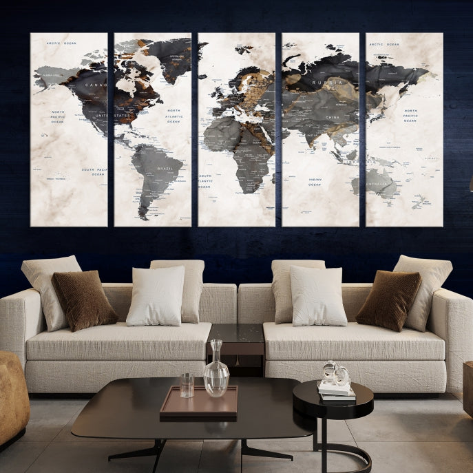 Push Pin Custom World Map Large Watercolor Wall Art Canvas Print