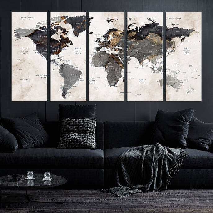 Push Pin Custom World Map Large Watercolor Wall Art Canvas Print