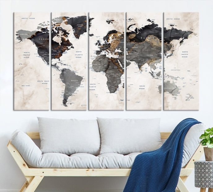 Push Pin Custom World Map Large Watercolor Wall Art Canvas Print