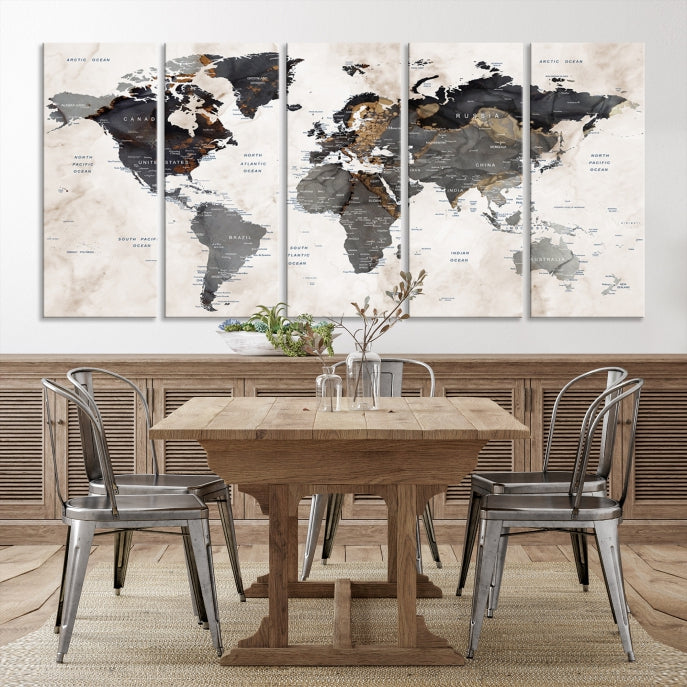 Push Pin Custom World Map Large Watercolor Wall Art Canvas Print