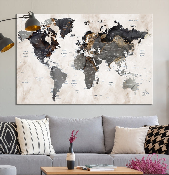 Push Pin Custom World Map Large Watercolor Wall Art Canvas Print