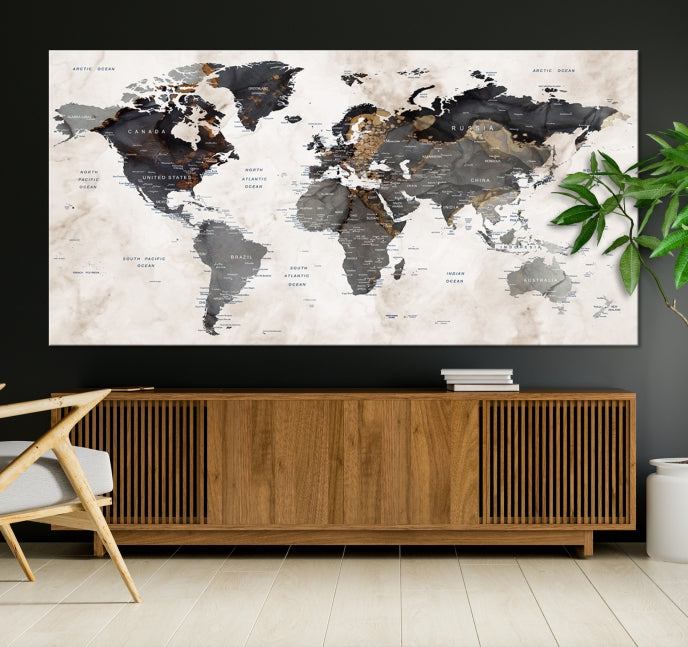 Push Pin Custom World Map Large Watercolor Wall Art Canvas Print