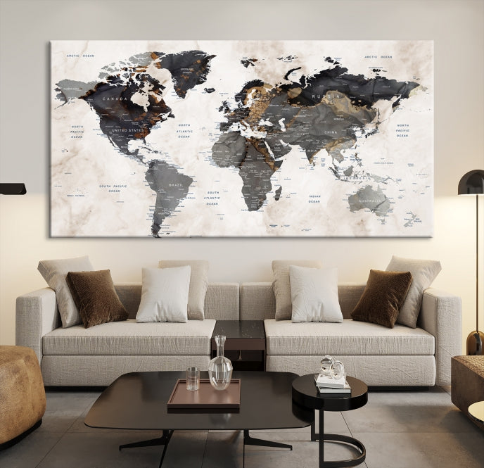 Push Pin Custom World Map Large Watercolor Wall Art Canvas Print