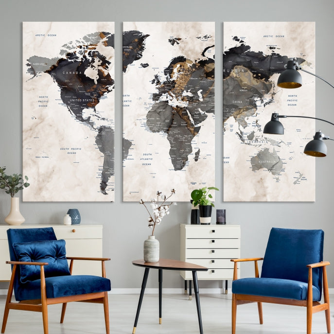 Push Pin Custom World Map Large Watercolor Wall Art Canvas Print