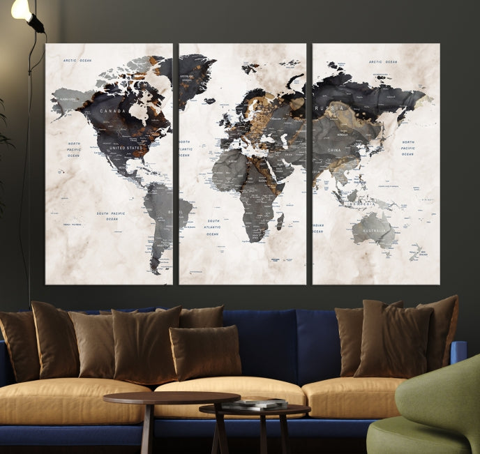 Push Pin Custom World Map Large Watercolor Wall Art Canvas Print