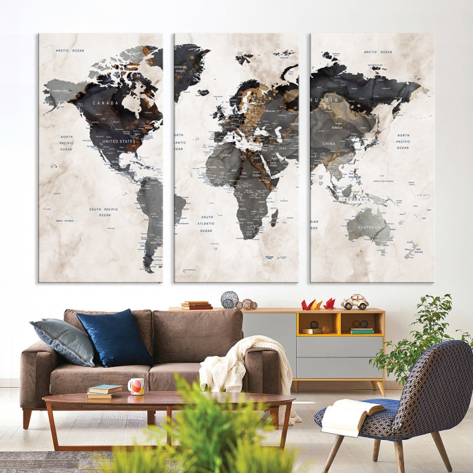 Push Pin Custom World Map Large Watercolor Wall Art Canvas Print