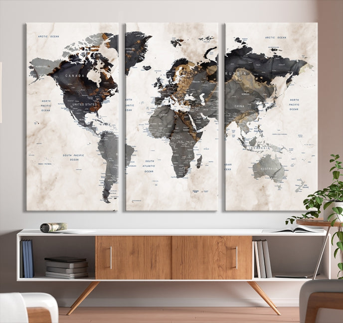 Push Pin Custom World Map Large Watercolor Wall Art Canvas Print