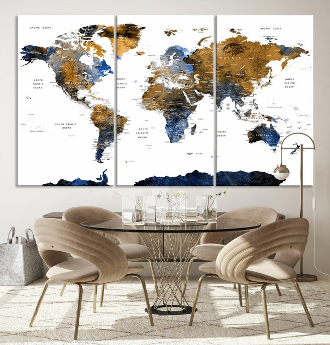 Push Pin Watercolor World Map Framed Canvas Wall Art Print