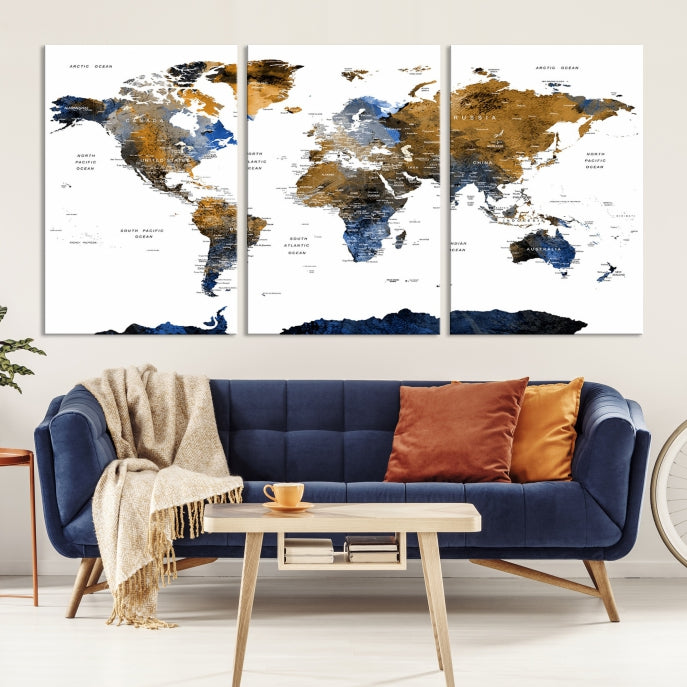 Push Pin Watercolor World Map Framed Canvas Wall Art Print