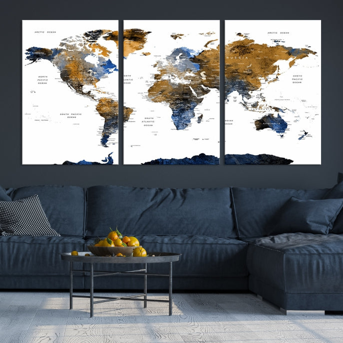 Push Pin Watercolor World Map Framed Canvas Wall Art Print