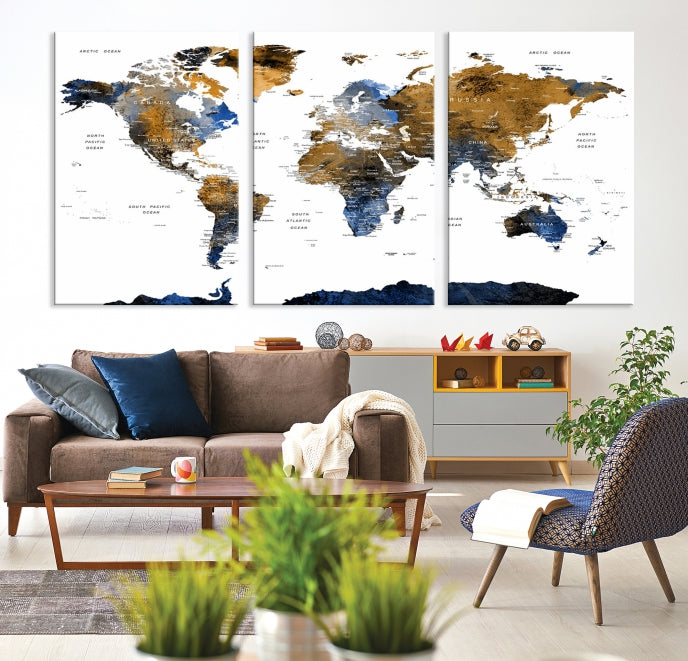 Push Pin Watercolor World Map Framed Canvas Wall Art Print