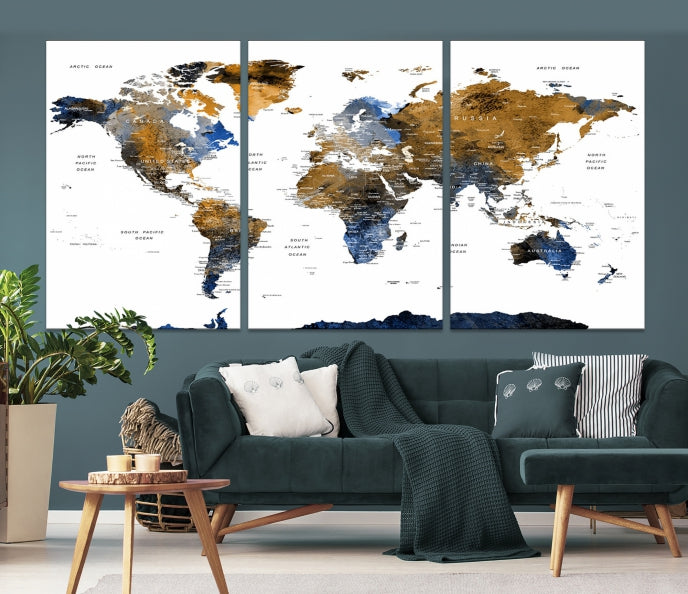 Push Pin Watercolor World Map Framed Canvas Wall Art Print