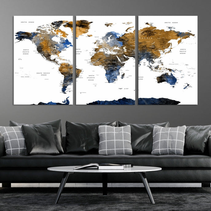 Push Pin Watercolor World Map Framed Canvas Wall Art Print