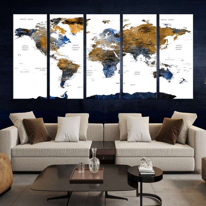 Push Pin Watercolor World Map Framed Canvas Wall Art Print