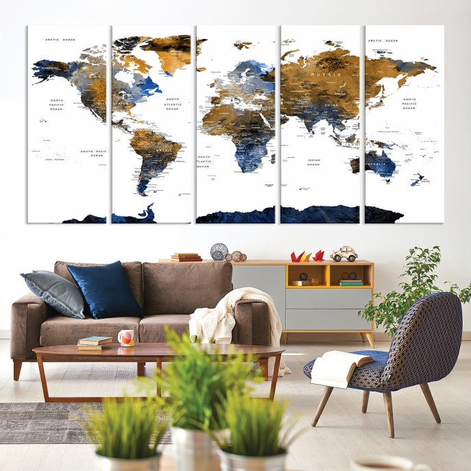 Push Pin Watercolor World Map Framed Canvas Wall Art Print