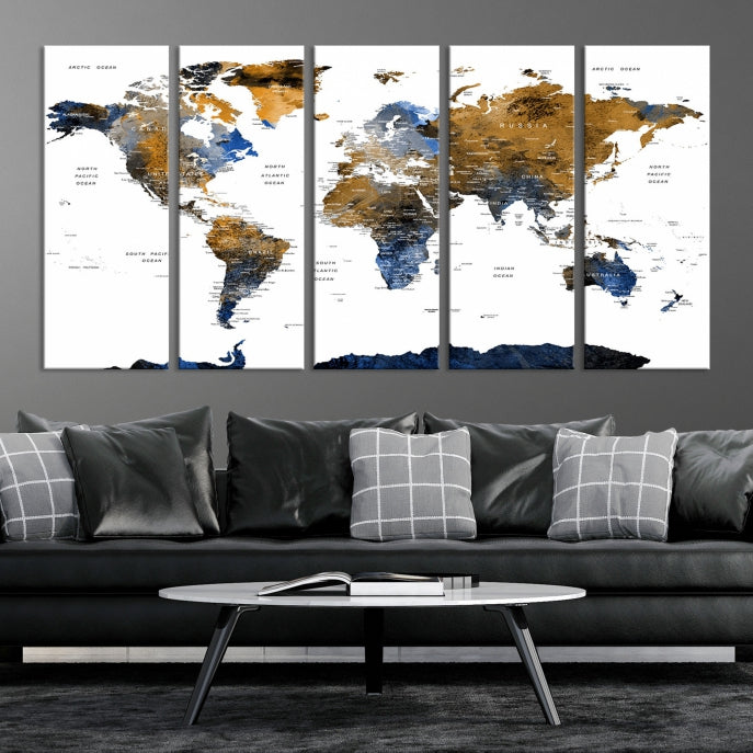 Push Pin Watercolor World Map Framed Canvas Wall Art Print