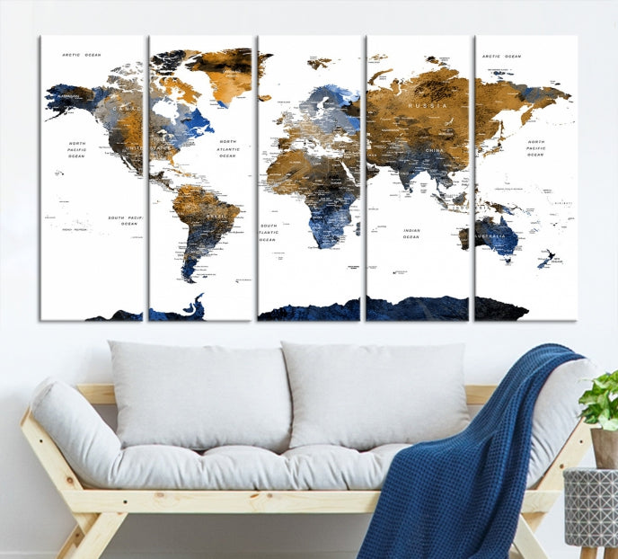 Push Pin Watercolor World Map Framed Canvas Wall Art Print