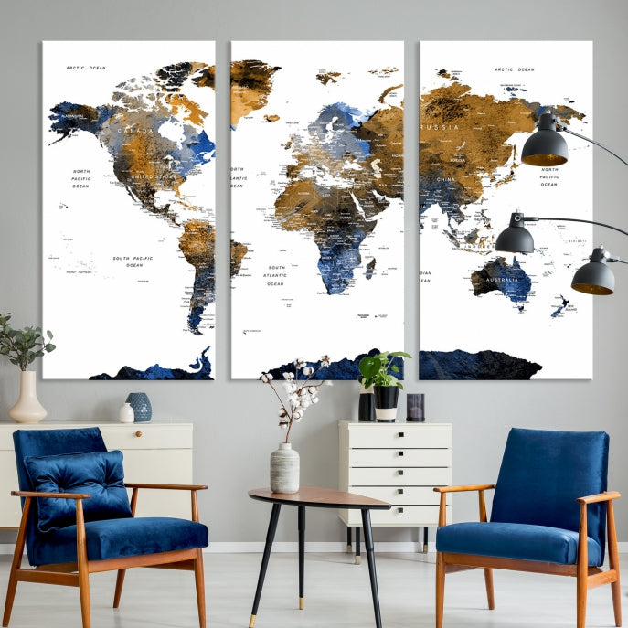 Push Pin Watercolor World Map Framed Canvas Wall Art Print