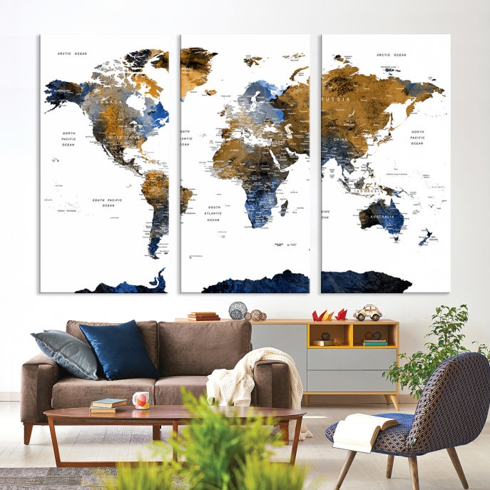 Push Pin Watercolor World Map Framed Canvas Wall Art Print