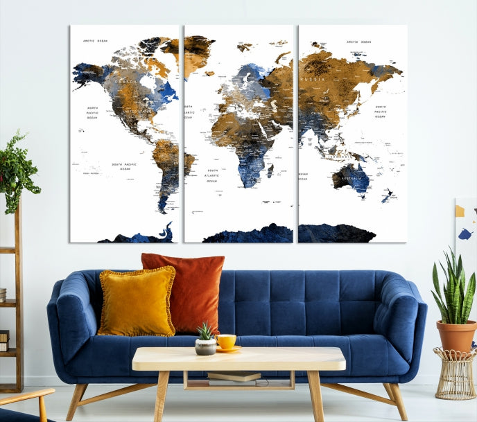 Push Pin Watercolor World Map Framed Canvas Wall Art Print