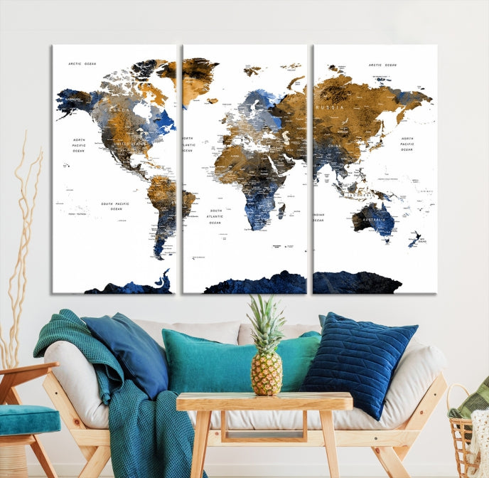 Push Pin Watercolor World Map Framed Canvas Wall Art Print